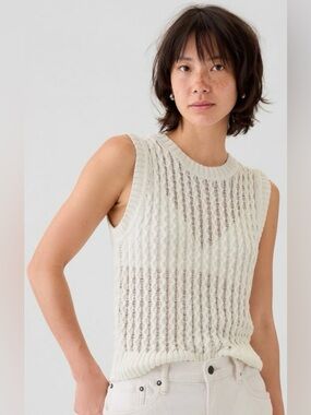 Gap Cream/White Cable Knit Sleeveless Sweater Linen/Cotton Preppy Size Small P